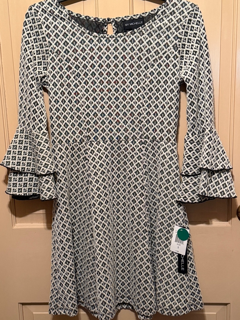My Michelle Black and White Patterned Bell-Sleeve Dress NWT